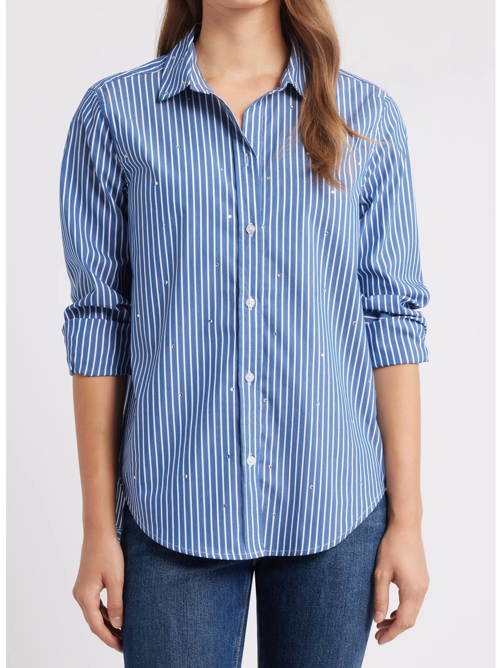 beachlunchlounge Lynden Embellished Stripe Cotton Blend Button-Up Shirt